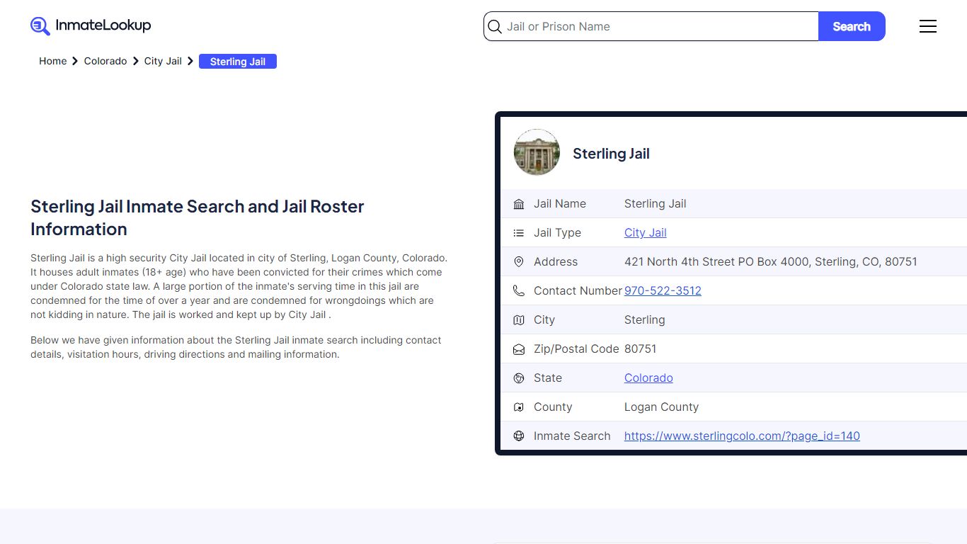 Sterling Jail Inmate Search and Jail Roster Information